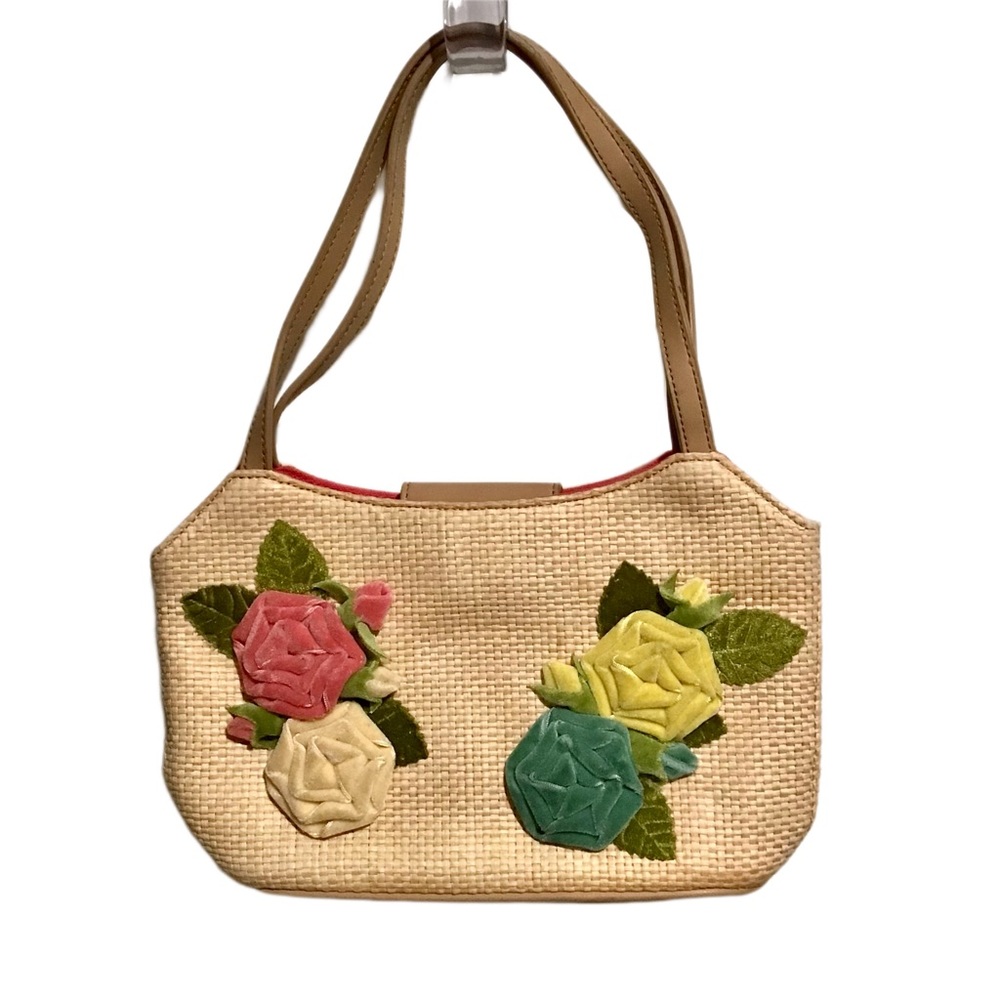 Fossil Forever small faux woven straw purse appliqué velvet flowers